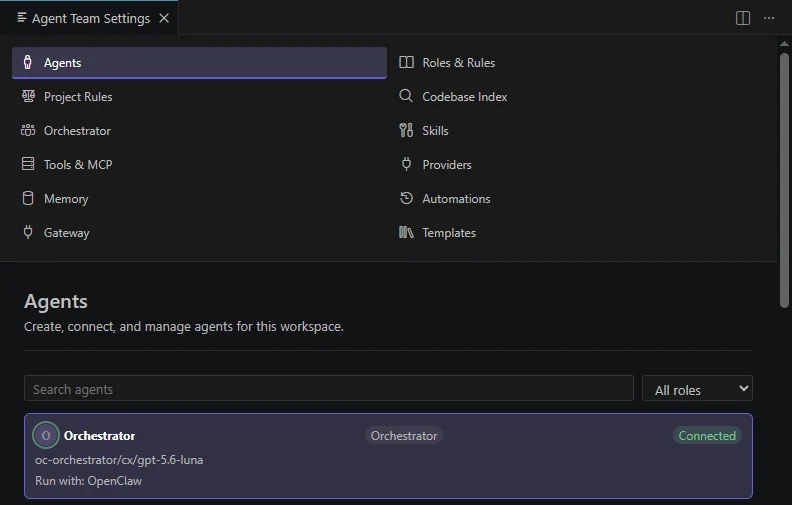 Agent Team Settings listing Agents, Roles & Rules, Tools & MCP, Memory and Gateway, with the Orchestrator agent shown as Connected.