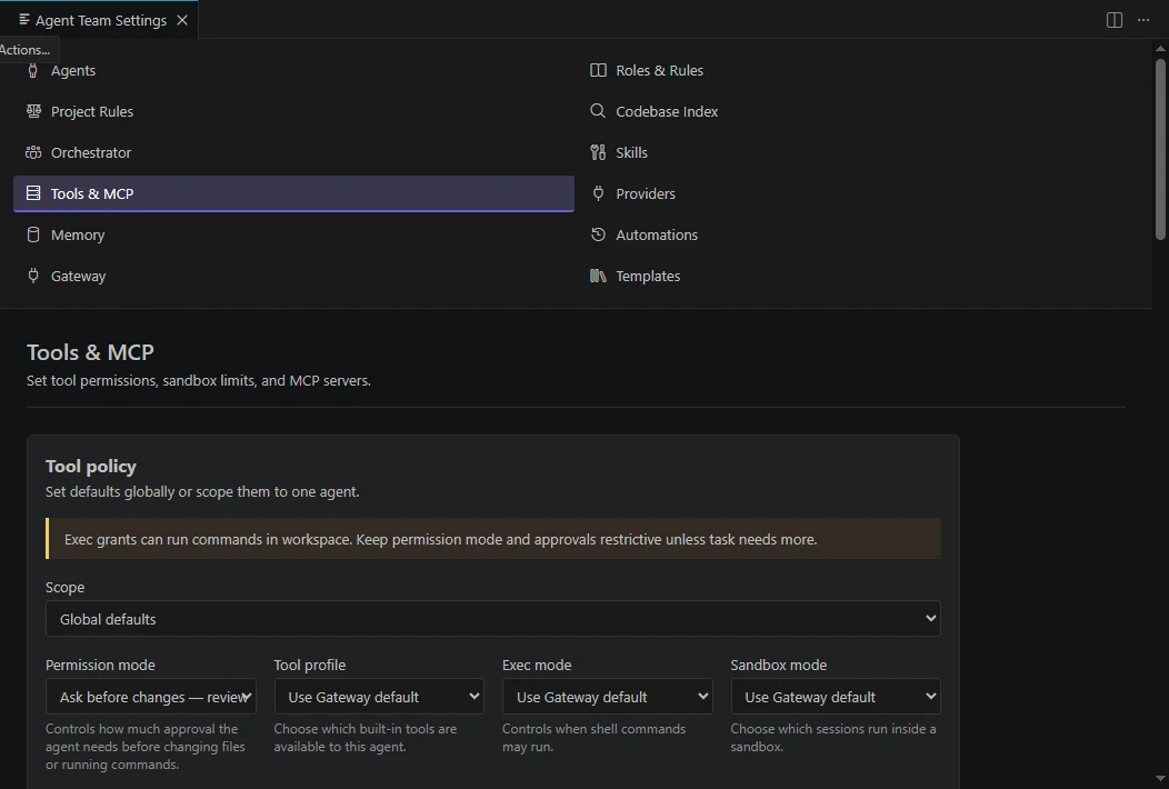 Tool policy section with Scope, Permission mode, Tool profile, Exec mode and Sandbox mode controls.