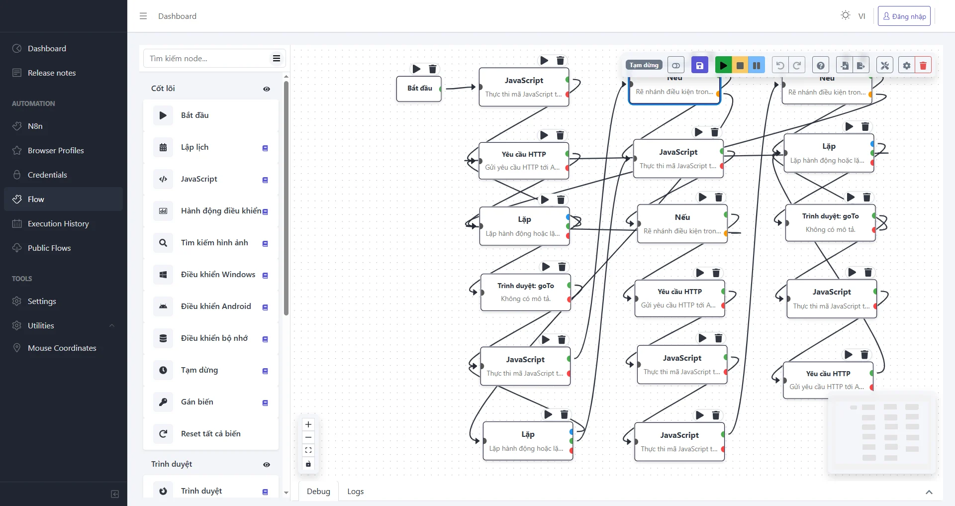 ATO Workflow App flow editor: a node palette on the left and a canvas of connected HTTP request, If, Loop, JavaScript and Browser goTo nodes, with run, stop and pause controls.