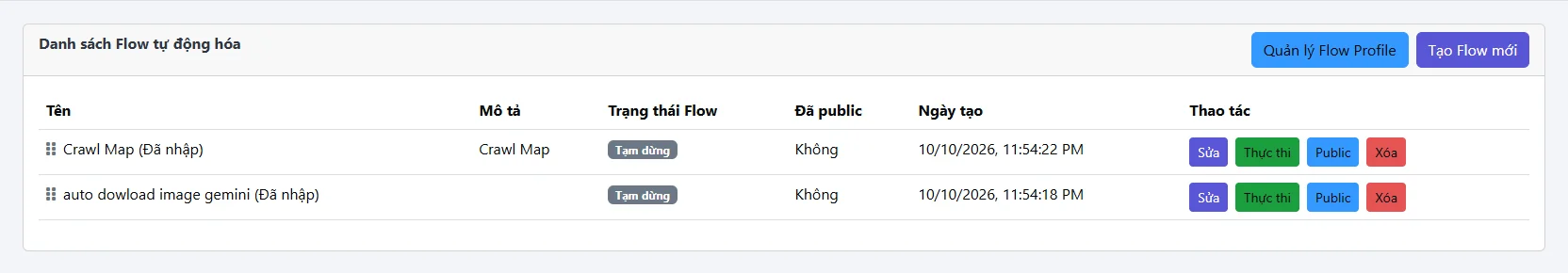 Flow list table with name, description, status, public, created date and Edit, Run, Public, Delete actions.