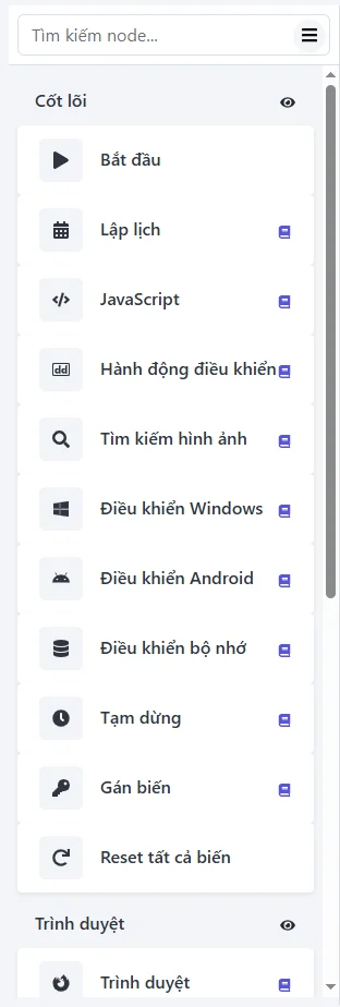 Node palette, Core group: Start, Schedule, JavaScript, Control action, Image search, Windows control, Android control, Memory control, Wait, Set variable, Reset all variables; Browser group below. The production UI is in Vietnamese.