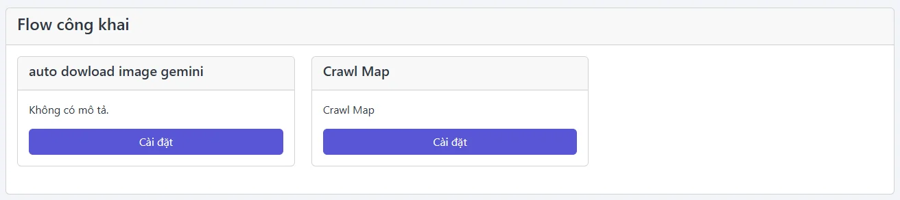 Public flows page with installable flow cards.